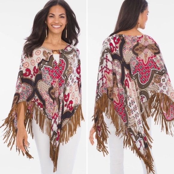 Chico's Tops - Chico’s Fab Leather Fringed Poncho in Size OS